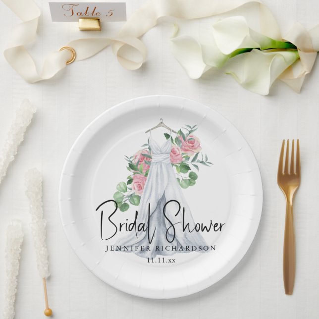 Elegante rosa Blume und Grünpflanzen - Brautparty Pappteller (Hochzeit)