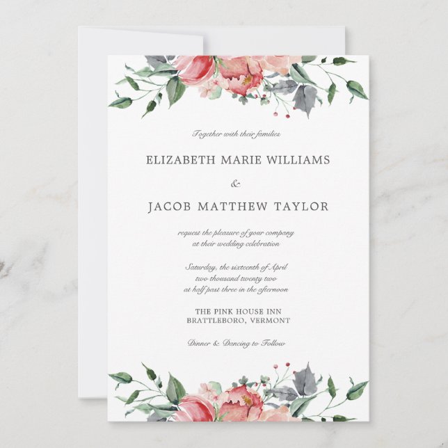 Elegante rosa Blume und kalligraphische Hochzeiten Einladung (Vorderseite)