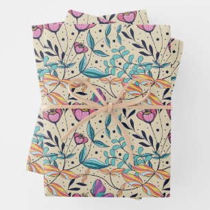 Elegante rosa Blume und Schmetterlinge Natur Geschenkpapier Set
