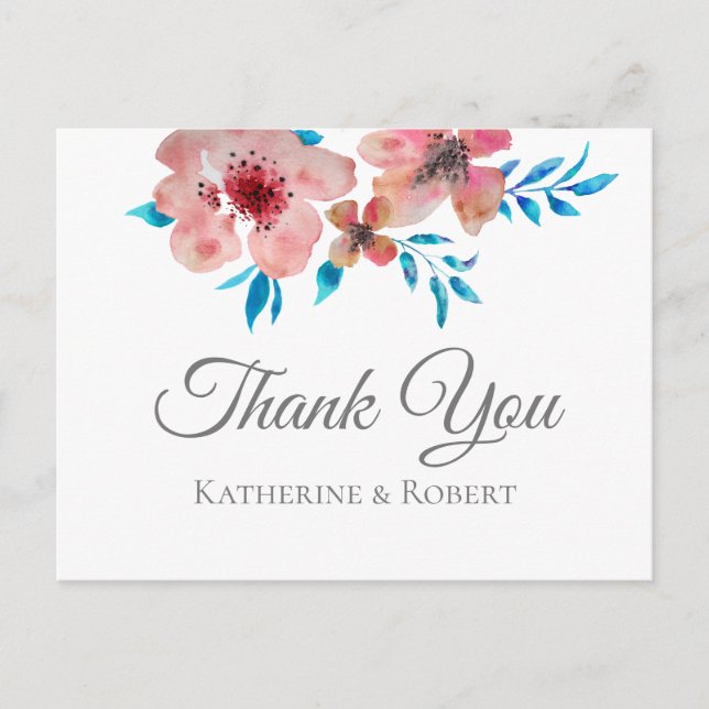 Elegante rosa Blume Wasserfarbe Vielen Dank Postkarte (Vorderseite)