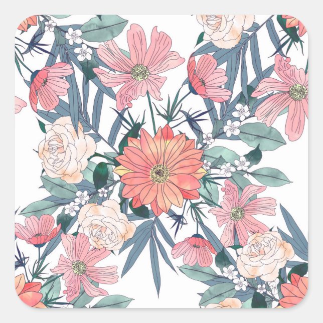 Elegante rosa Blume Wasserfarben Quadratischer Aufkleber (Vorderseite)