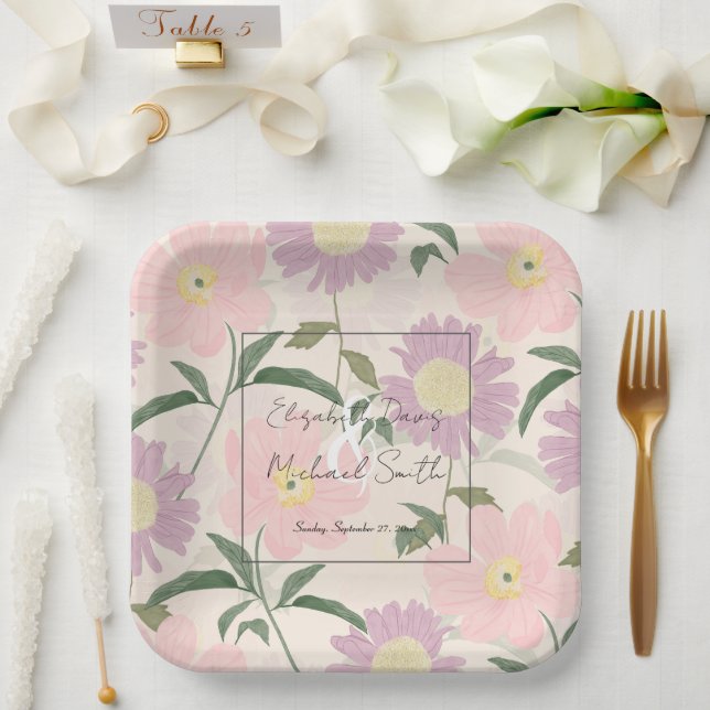 Elegante rosa Blume Watercolor Boho Floral Pappteller (Hochzeit)