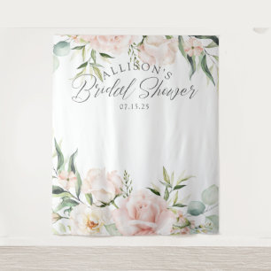 Elegante rosa Blumen-Hochzeitsdusche-Kulisse im Ch Wandteppich