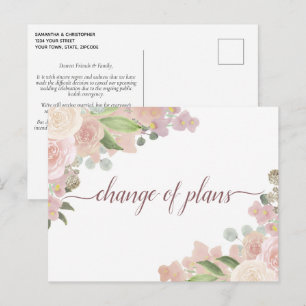 Elegante rosa Blumen-Hochzeitsplanänderung Ankündigungspostkarte