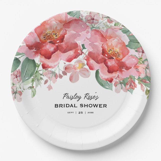 Elegante rosa Blumen-Hochzeitsshower Pappteller (Vorderseite)
