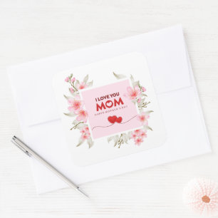 Elegante rosa Blumen "Ich liebe dich Mama" Muttert Quadratischer Aufkleber