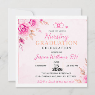 Elegante rosa Blumen-Krankenpflege-Abschluss-Einla Einladung