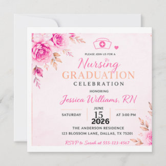 Elegante rosa Blumen-Krankenpflege-Abschluss-Einla Einladung