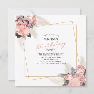 Elegante rosa Blumen und elfenbeinfarbenes Pampas  Einladung