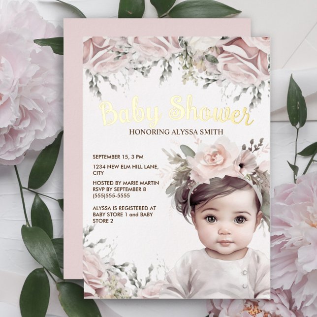 Elegante Rosa Blumendelle Girl Gold Foil Kinderdus Folieneinladung (Von Creator hochgeladen)