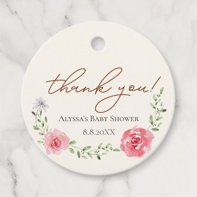 Elegante rosa Blumendusche Baby Custom danke Geschenkanhänger (Vorderseite)