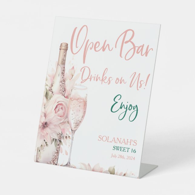 Elegante Rosa Blumengetränke Open Bar Drinks auf u Sockelschild (Vorderseite)