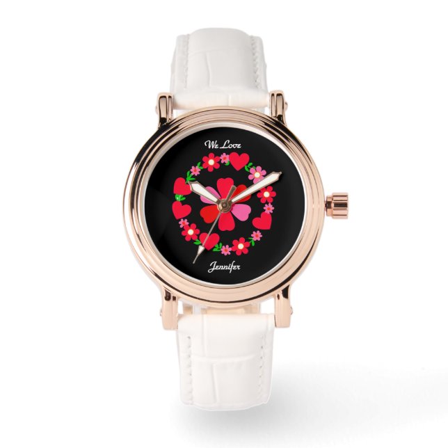 Elegante rosa Blumenherzen, Valentinin mit Text Armbanduhr (Vorderseite)