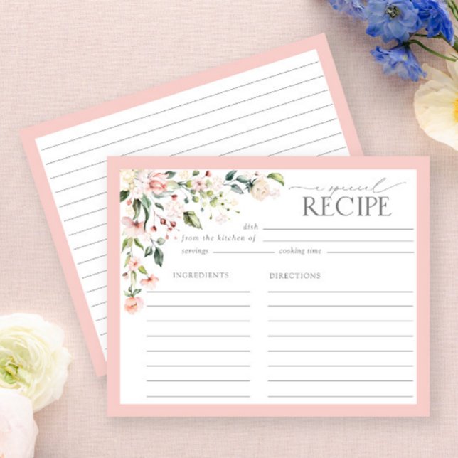 Elegante Rosa Blumenkarte Brautparty Rezept Karte (Von Creator hochgeladen)