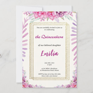 Elegante Rosa Blumenkarte Quinceañera Einladungska Einladung