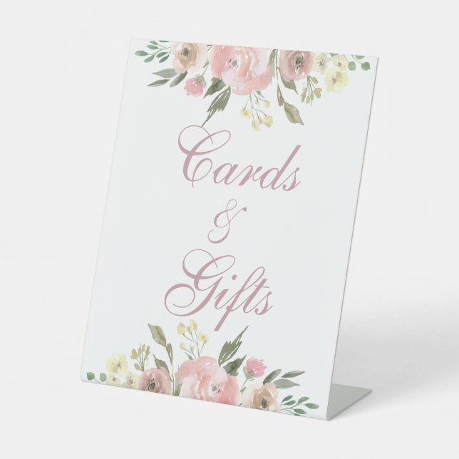 Elegante Rosa Blumenkarten und Geschenke Hochzeit Sockelschild (Vorderseite)