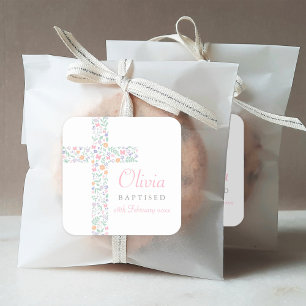 Elegante rosa Blumenkreuz Mädchen-Taufe Quadratischer Aufkleber