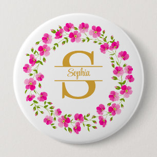 Elegante rosa Blumenmonogramm- und Namens-Ansteckn Button