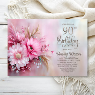Elegante rosa Blumenparty zum 90. Geburtstag Einladung