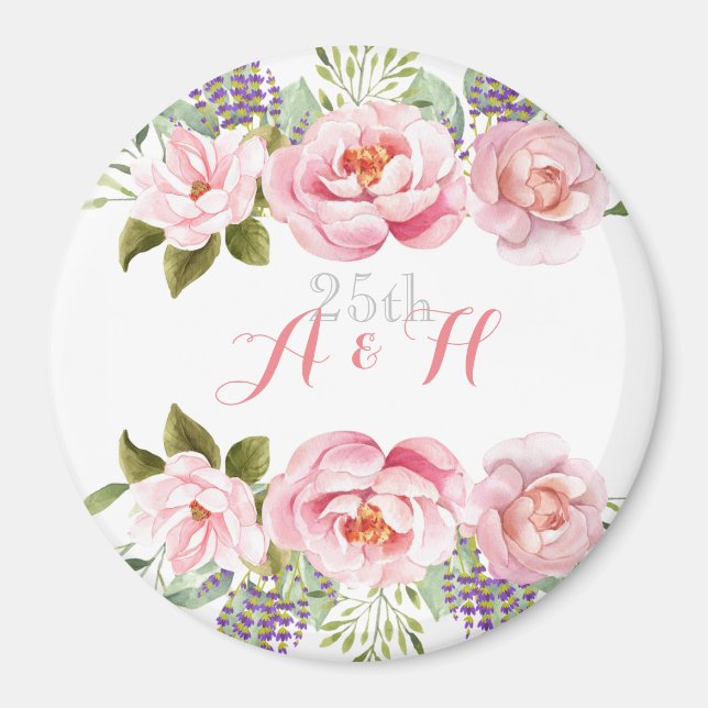 Elegante Rosa Blumenreath Monogram, 25. Hochzeit Magnet (Vorne)