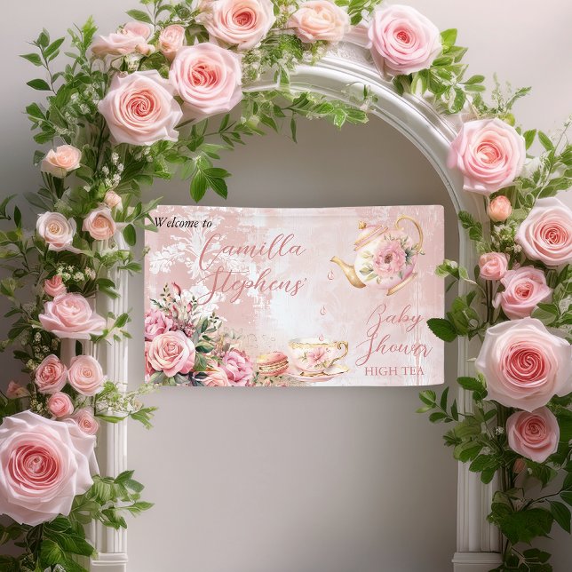 Elegante Rosa Blumenstrauß Teatro Sociale Bellinzo Banner (Elegant Pink Roses Floral High Tea Teapot and Teacup Girl Baby Shower Welcome Banner)