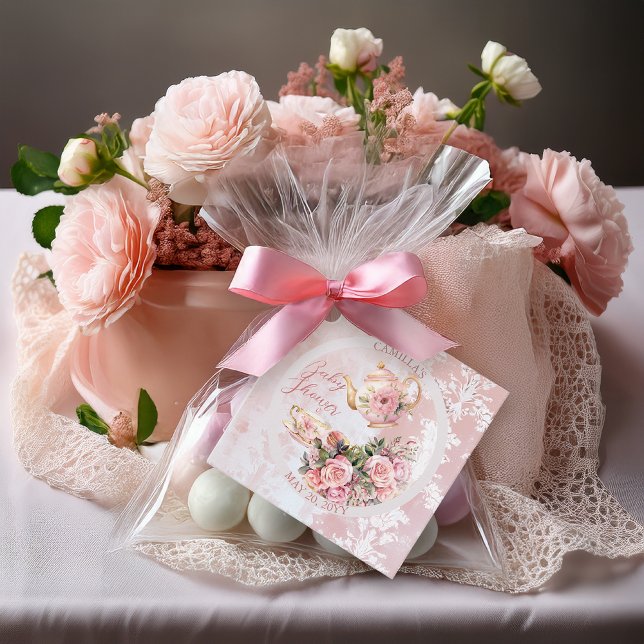 Elegante Rosa Blumenstrauß Teatro Sociale Bellinzo Geschenkanhänger (Elegant Pink Roses Floral High Tea Teapot and Teacup Girl Baby Shower Favor Tags)