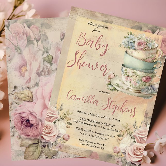 Elegante Rosa Blumenstrauß Teezeremonie auf dem Ma Einladung (Elegant Pink Floral Tea Cups Girl Baby Shower Tea Invitation)