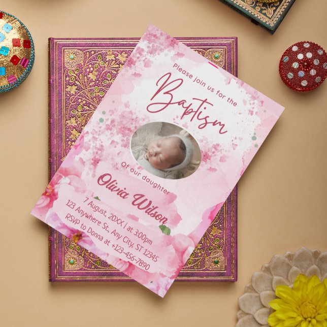 Elegante rosa Blumentaufen Einladung zum Baby (Elegant Pink Floral Baptism Invitation for Baby Girl (1st Birthday))