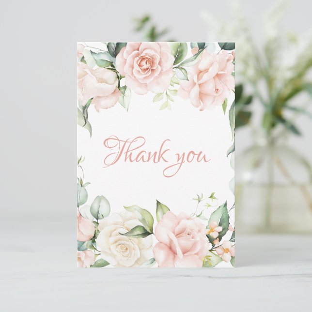 Elegante Rosa Blush Bloral Baby Dusche Dankeskarte (Stehend Vorderseite)