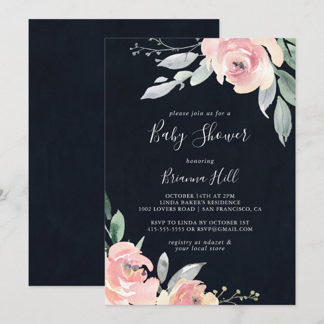 Elegante Rosa Blush Bloral Baby Dusche Einladung (Vorne/Hinten)