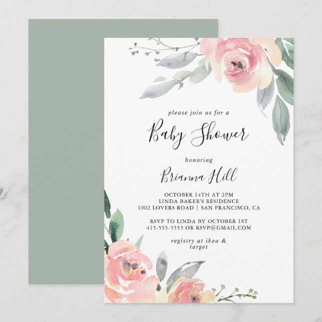 Elegante Rosa Blush Bloral Baby Dusche Einladung (Vorne/Hinten)
