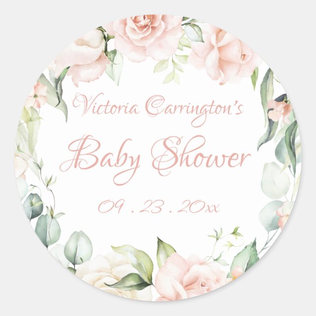 Elegante Rosa Blush Bloral Baby Dusche Runder Aufkleber (Vorderseite)