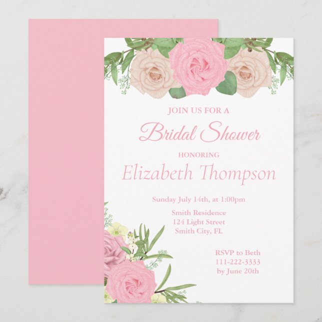 Elegante Rosa Blush Bloral Bridal Dusche Einladung (Vorne/Hinten)
