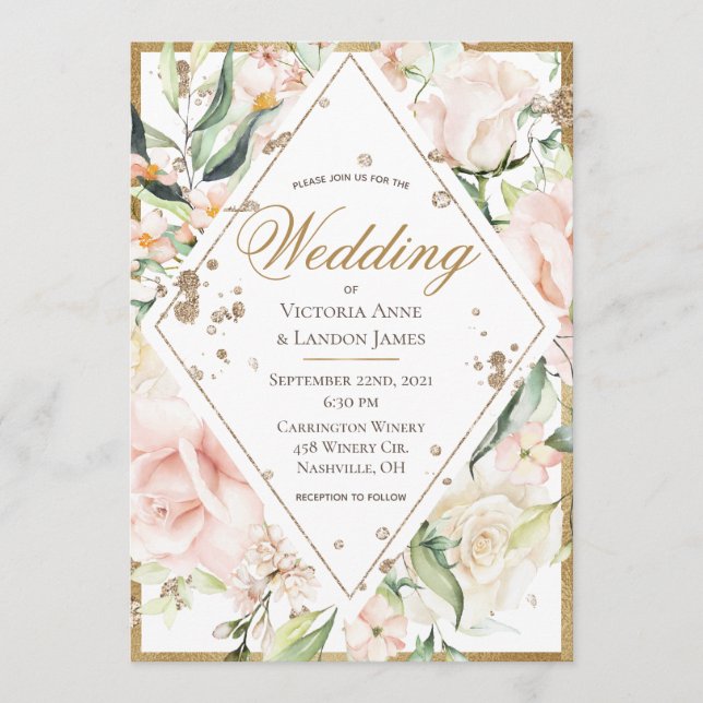 Elegante Rosa Blush Bloral Gold Rustikale Hochzeit Einladung (Vorderseite)