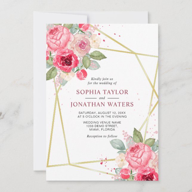 Elegante rosa Blush Bloral Golden Geometding Hochz Einladung (Vorderseite)