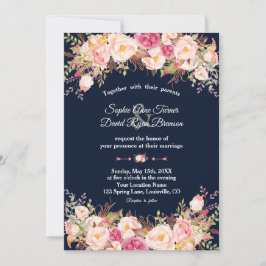 Elegante Rosa Blush Bloral Navy Blue Wedding Einladung