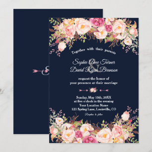 Elegante Rosa Blush Bloral Navy Blue Wedding Einladung