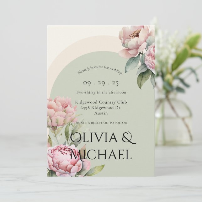 Elegante Rosa Blush Bloral Wedding Einladung (Stehend Vorderseite)