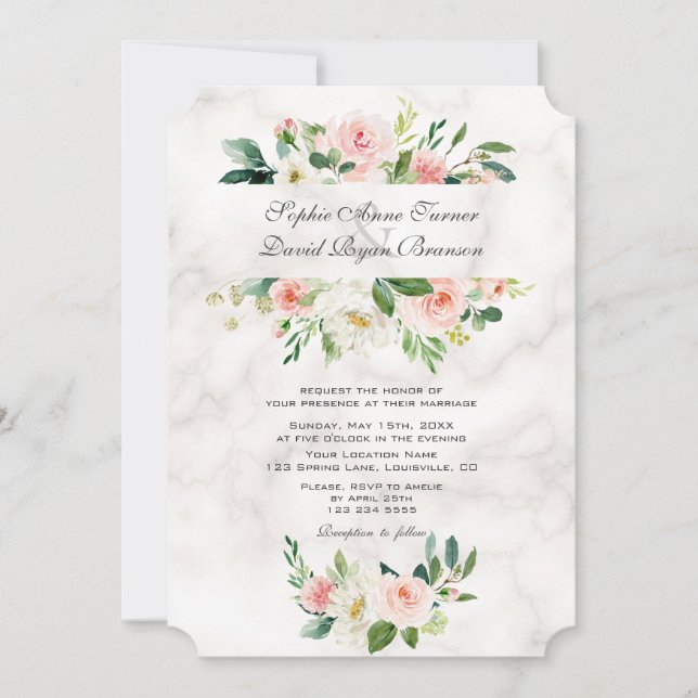 Elegante Rosa Blush Cream Blume Marmorhochzeit Einladung (Vorderseite)