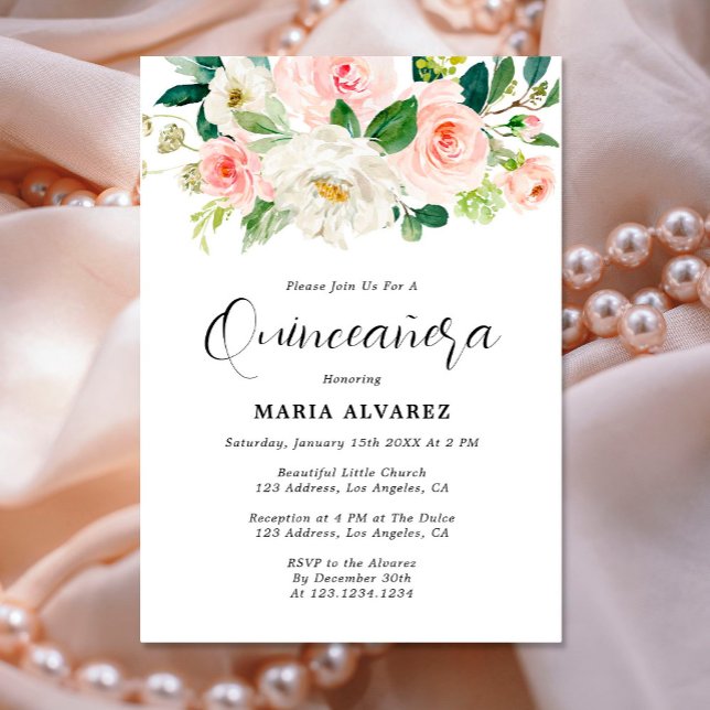Elegante Rosa Blush Floral Quinceañera Einladung (Von Creator hochgeladen)