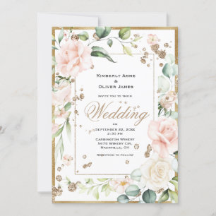 Elegante Rosa Blush Gold Bloral Hochzeit Einladung