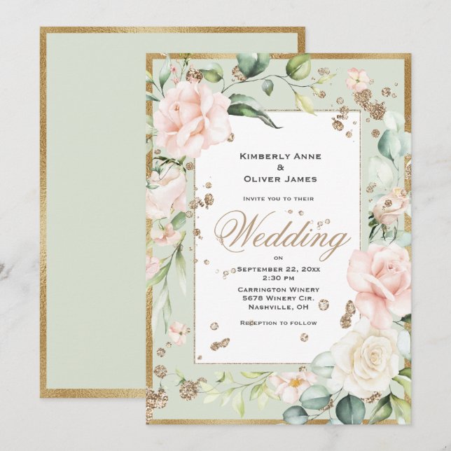 Elegante Rosa Blush Gold Bloral Hochzeit Einladung (Vorne/Hinten)