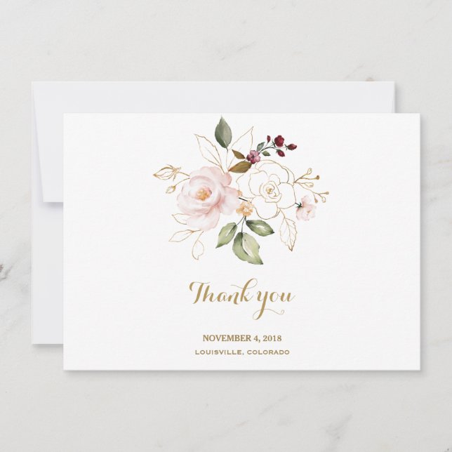 Elegante Rosa Blush Gold Floral Wedding Vielen Dan Dankeskarte (Vorderseite)