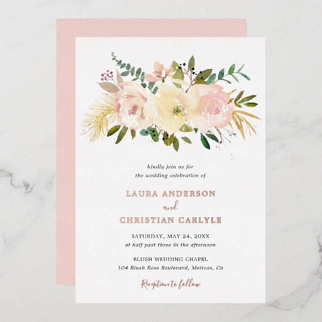Elegante, rosa Blush Hochzeitsstimmung Rose Gold Folieneinladung (Vorderseite/Rückseite)