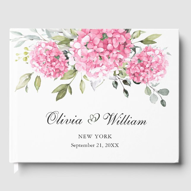 Elegante Rosa Blush Hydrangea Eukalyptus Wedding Gästebuch (Vorderseite)