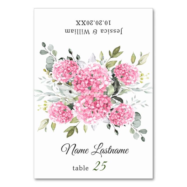 Elegante Rosa Blush Hydrangea Wedding Escort Card Tischnummer (Vorderseite)