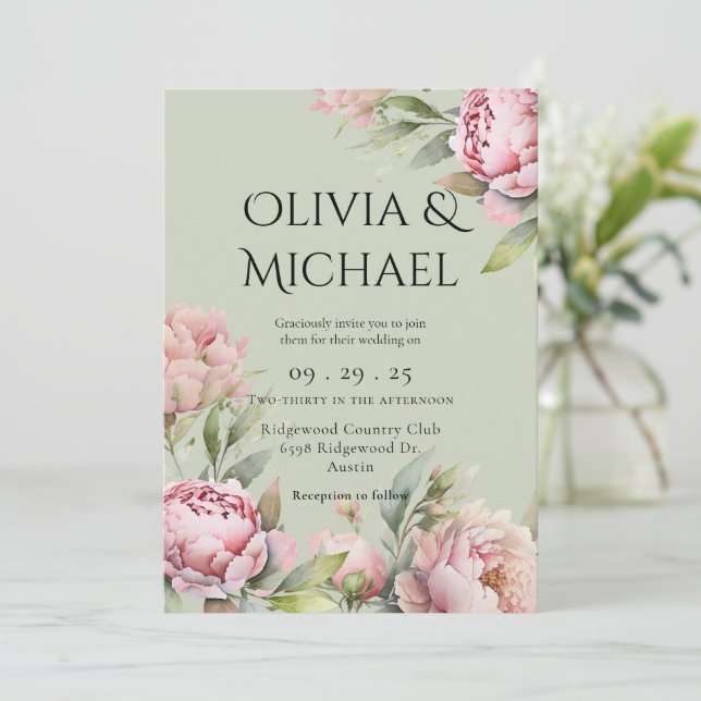 Elegante Rosa Blush Peonies Bloral Wedding Einladung (Stehend Vorderseite)