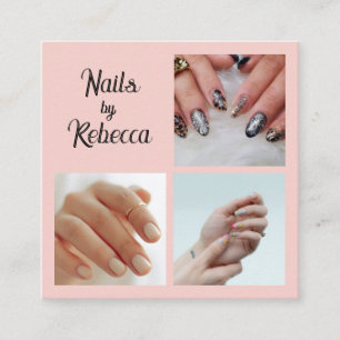 Elegante Rosa-Blush-Schwarz-Schrift 3 Foto-Nägel Quadratische Visitenkarte