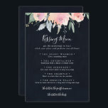 Elegante Rosa Blush Wedding Kissing Menu Game Card<br><div class="desc">Diese elegante rosa,  blaue Hochzeitskissingkarte eignet sich perfekt für einen modernen Hochzeitsempfang. Das Design besteht aus handgezeichnet,  rosa,  blüten Rose und Pfannkuchen mit grünen und grauen Blätter im dunkelblauen Hintergrund und inspiriere die natürliche Schönheit.</div>