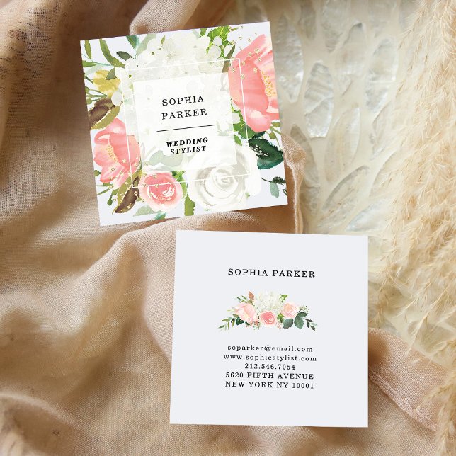 Elegante Rosa Blushing Floral mit Imitats Gold Quadratische Visitenkarte (Von Creator hochgeladen)